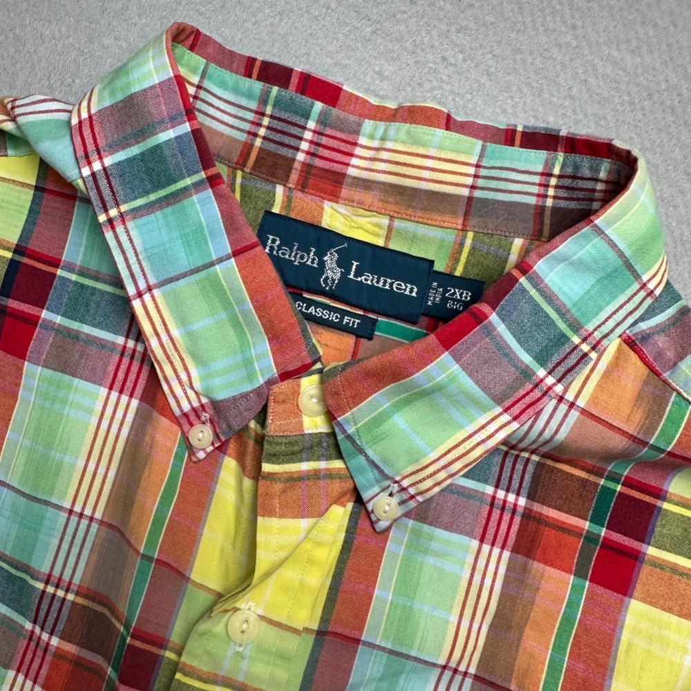 Polo Ralph Lauren Button Down Shirt Mens 2XB Multi Color Plaid Classic Fit Short